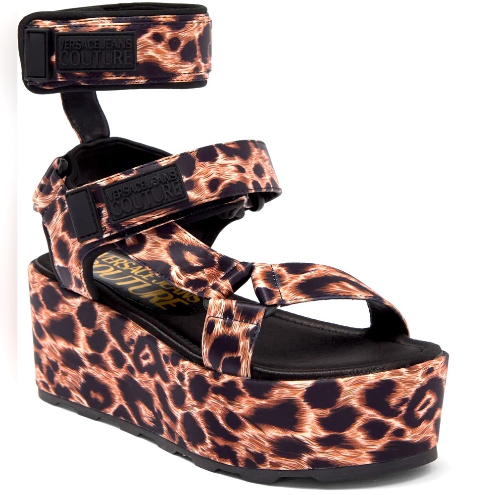 Versace Couture Leopard Animal Print Ankle Wrap Details Platform Sandals